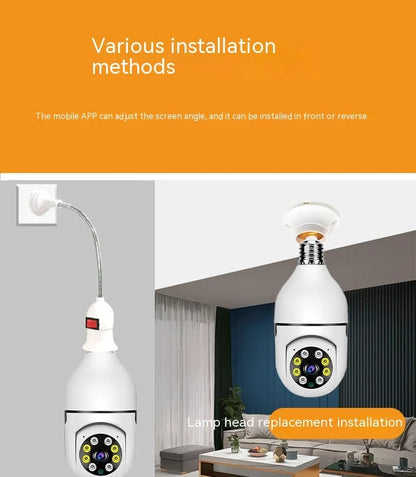 White wireless bulb security camera with E27 base, showing lens and compact 5cm by 12cm size.