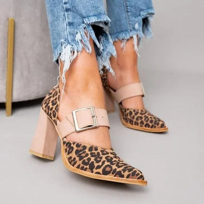Leopard print high heel pointed toe sandals with belt buckle, suede upper, red or pink, sizes 34-43