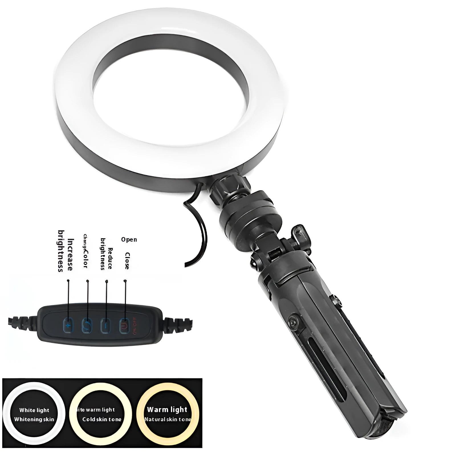 Black desktop mobile phone tripod with adjustable colour ring light for streaming