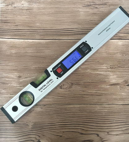 Digital magnetic angle meter with 400mm ruler length showing flip-up LCD display and four built-in magnets on base