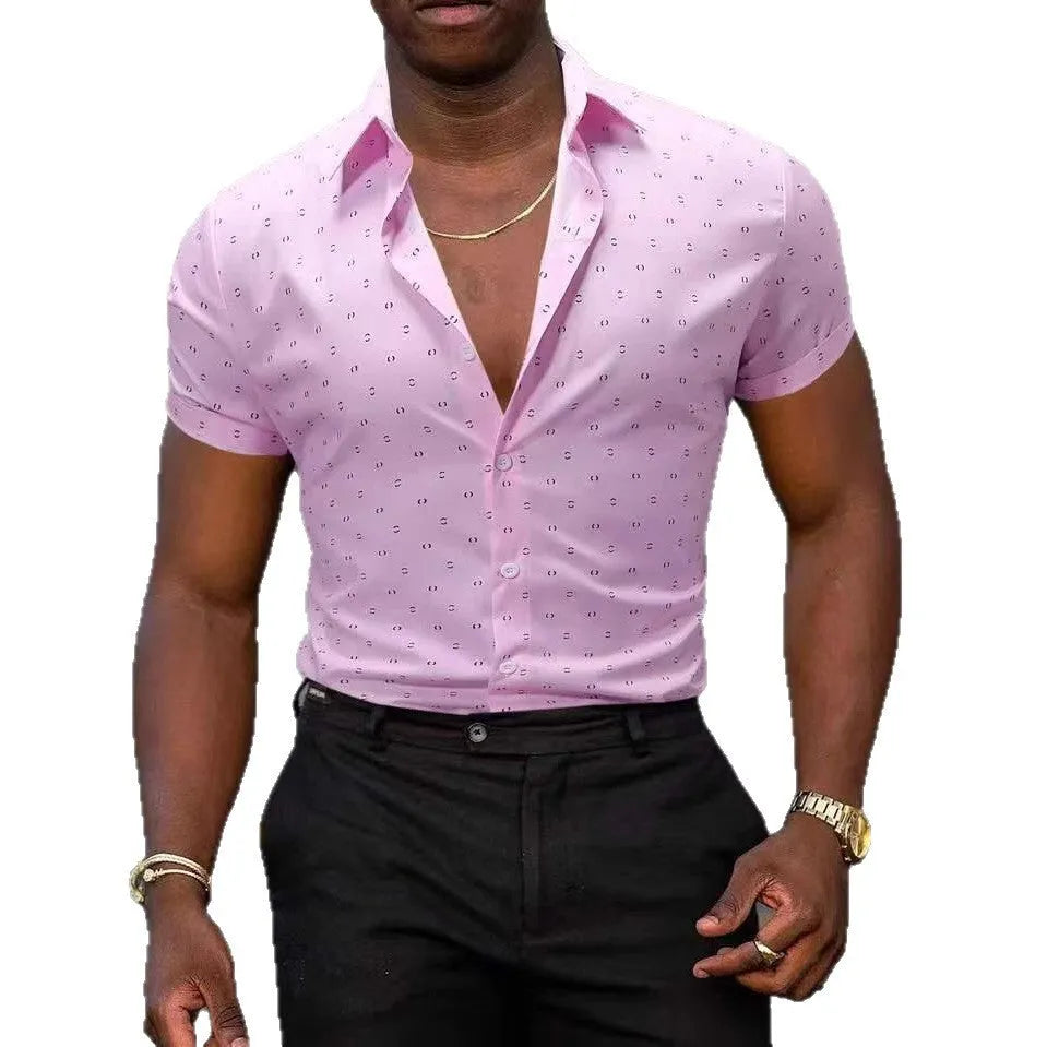 Light blue men's short-sleeved casual shirt with a floral pattern and stretch fabric.