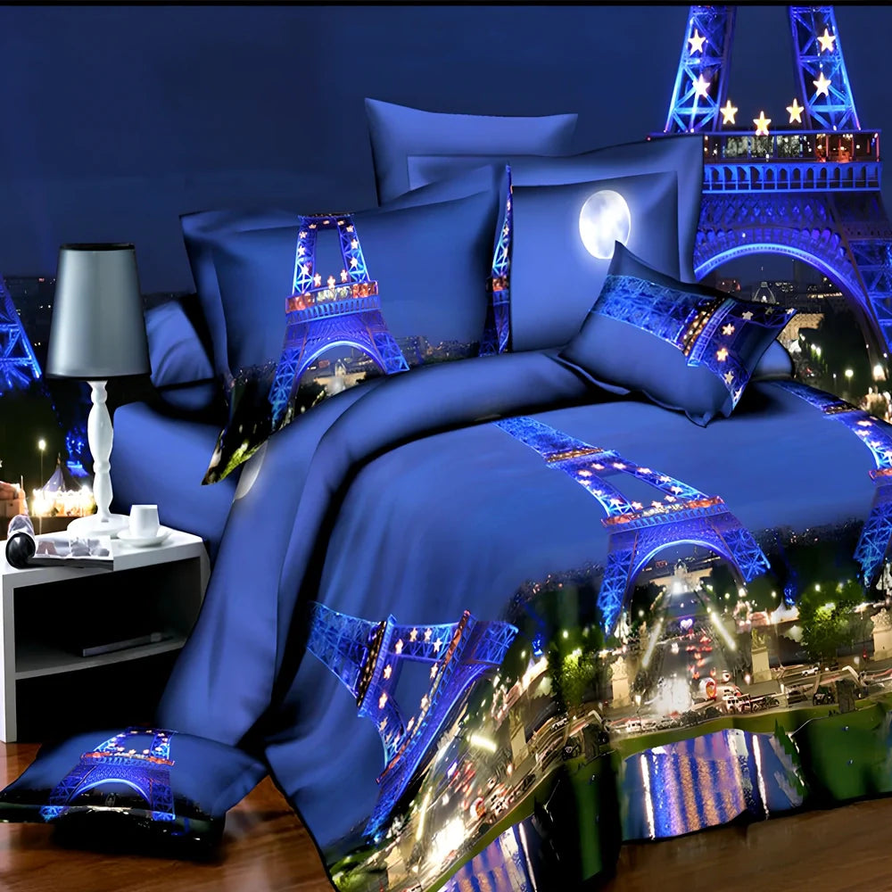 Brushed 3D floral four-piece bedding set in A Blue, showing 200x230cm quilt cover with raised pattern and matching pillowcases