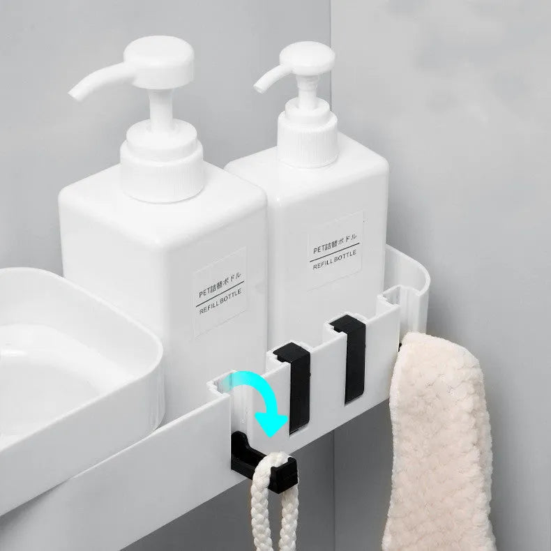 Plastic bathroom corner shelf in black and white or grey and white, designed for a bathroom corner