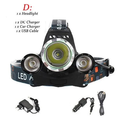 Rechargeable aluminium LED headlamp with adjustable elastic headband and Hawkeye lens.