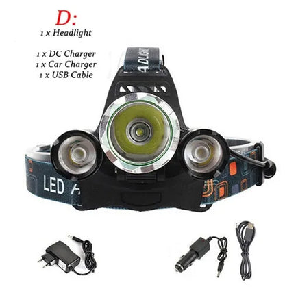 Rechargeable aluminium LED headlamp with adjustable elastic headband and Hawkeye lens.