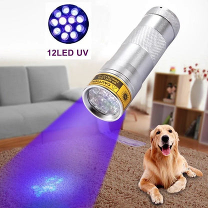 Silver aluminium UV flashlight measuring 95mm with 21 LED array for 395-400nm wavelength detection