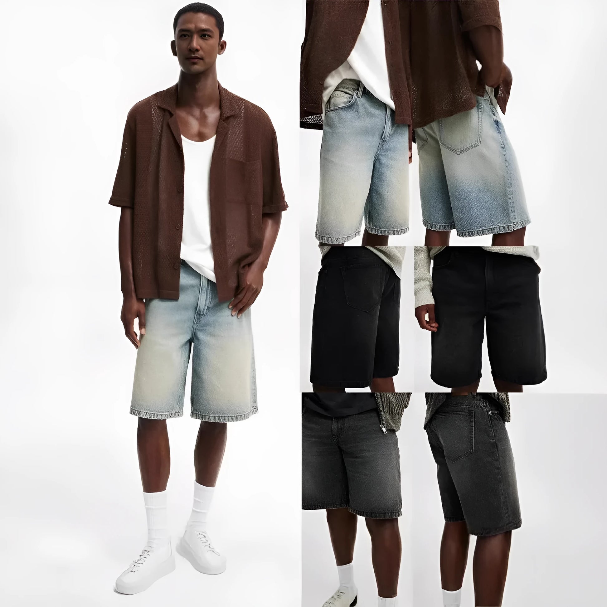 Men's light blue loose straight-leg cotton jeans laid flat, showing the front design and fifth-pants length.