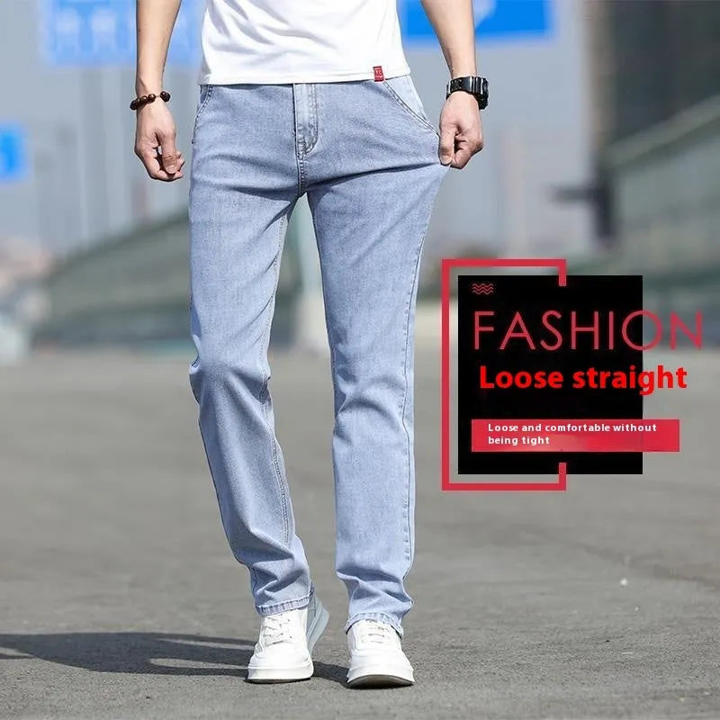 Men's smoky gray straight leg jeans with high elasticity fabric and low waist design