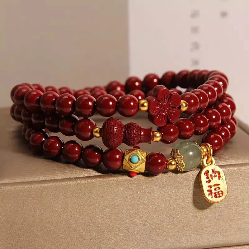 6mm cinnabar bracelet with multi-circle gourd five petal flower design in Chinese style