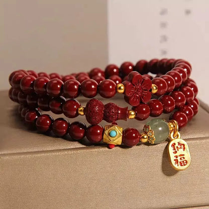 6mm cinnabar bracelet with multi-circle gourd five petal flower design in Chinese style