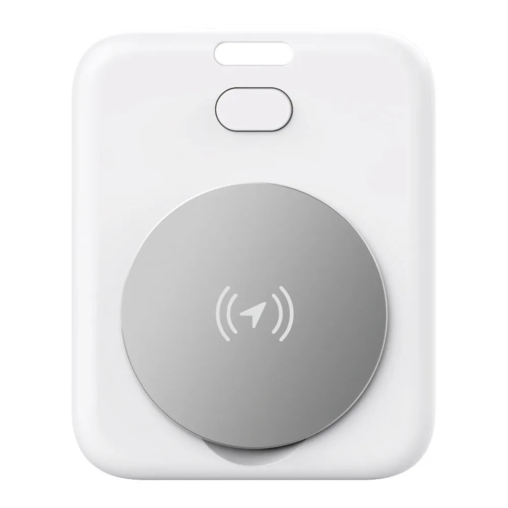 White ABS plastic pet GPS tracker with Apple device compatibility, showing compact design and collar attachment.