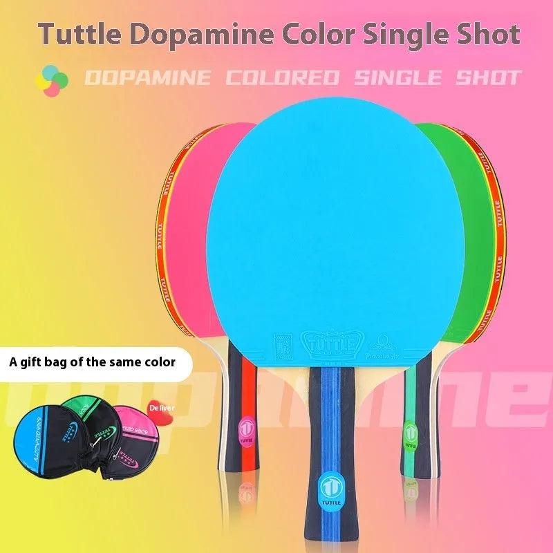 Table Tennis Racket with Racket Cover Single Pack Professional High Elastic Wood Blade Long Handle Horizontal Grip for Players in Pink, Blue, or Green Shakehand Grip Colour Options
