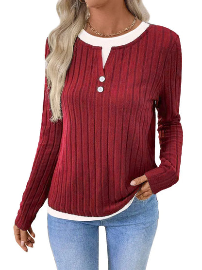 Women's black fake two-piece pullover sweater with concave stripe texture and round neck.