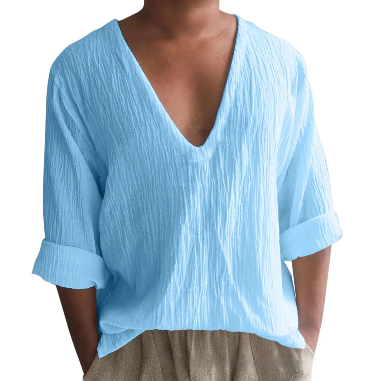 Men's long sleeve V-neck t-shirt in washed cotton, shown in a solid colour.