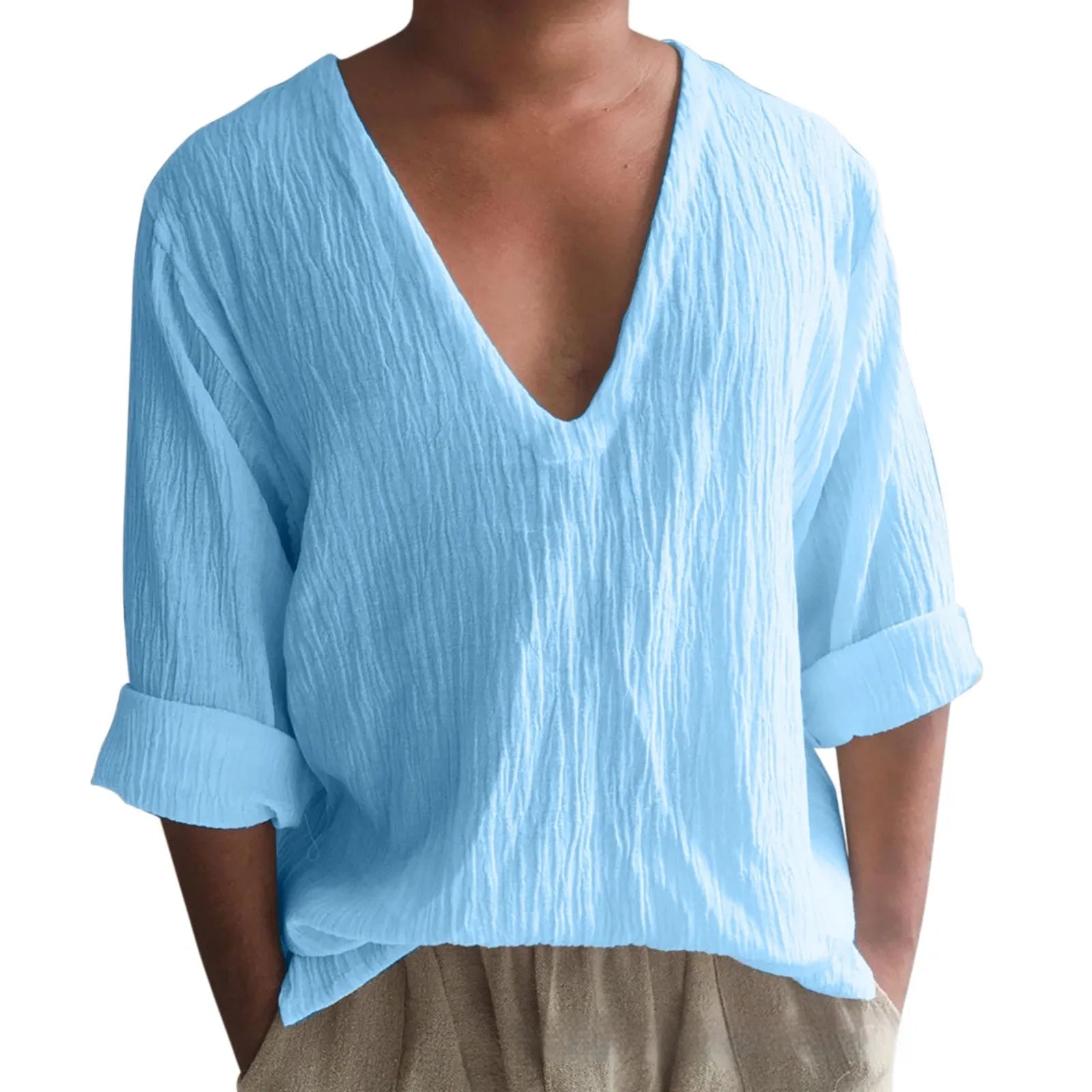 Men's long sleeve V-neck t-shirt in washed cotton, shown in a solid colour.