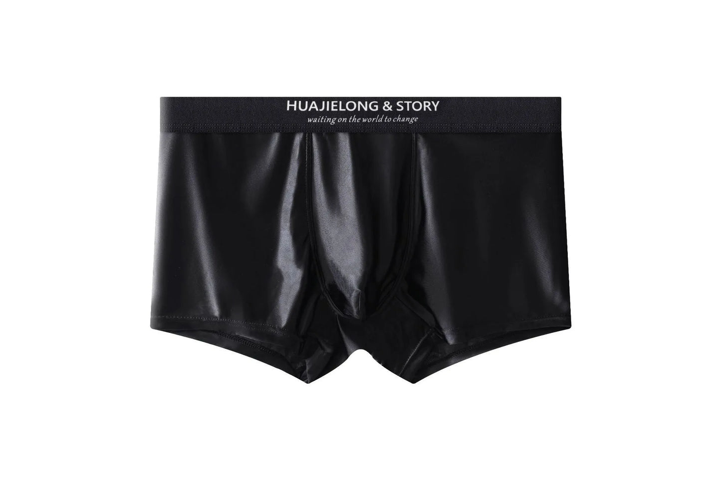 Men's solid colour satin ice silk boxer shorts laid flat, showing mid-waist design.