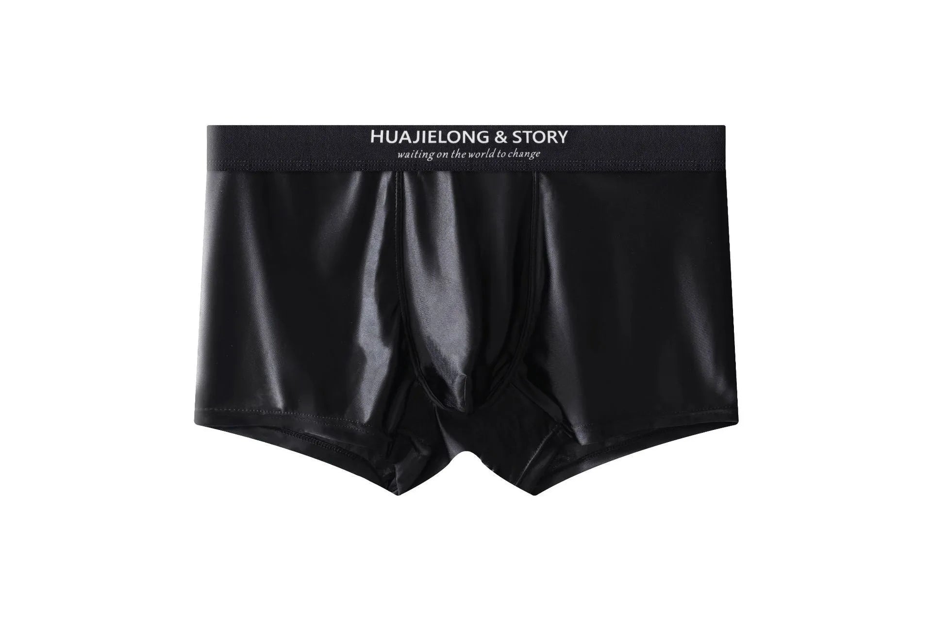 Men's solid colour satin ice silk boxer shorts laid flat, showing mid-waist design.
