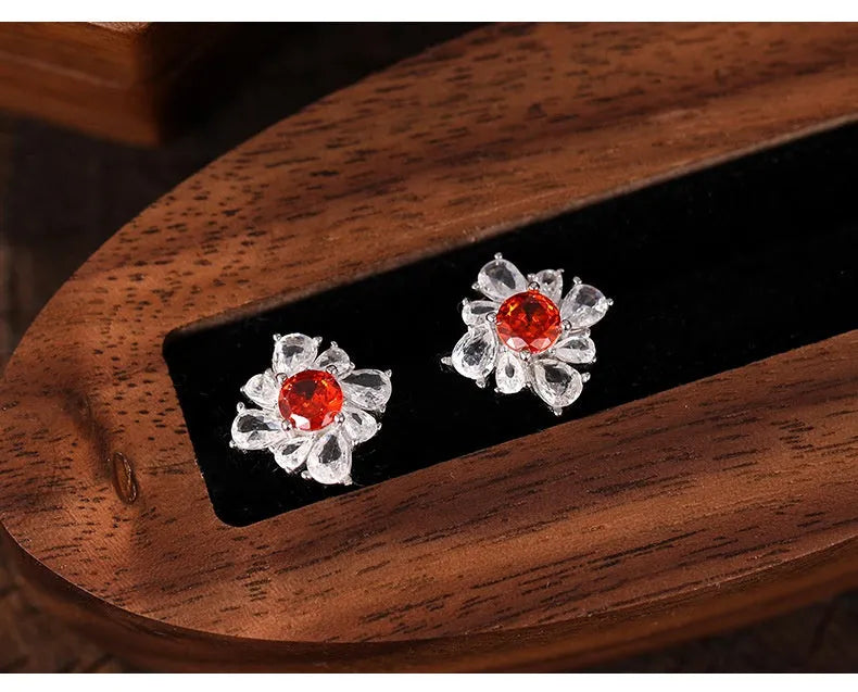 Silver retro geometric women's earrings with diamond red pigeon design and white gold colour finish