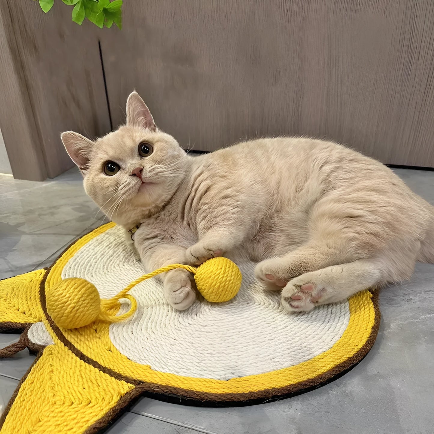 Yellow Corgi-butt design sisal cat scratching pad with anti-slip base, shown with adhesive hooks for wall mounting.
