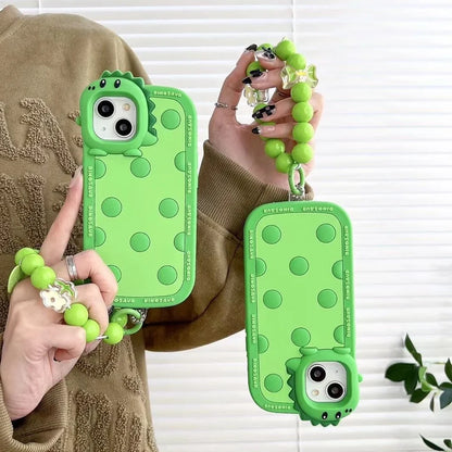 Green polka dot dinosaur pattern silicone phone case for iPhone with raised protective edges