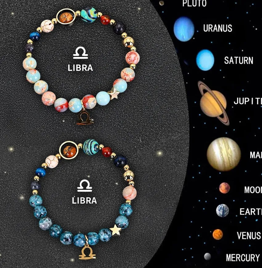 Natural stone zodiac bracelet set showing two adjustable bracelets with bead designs for astrological signs