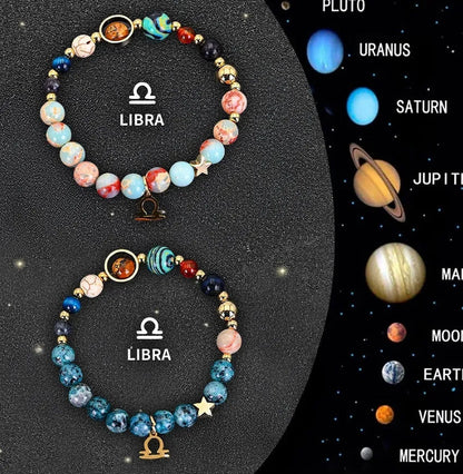 Natural stone zodiac bracelet set showing two adjustable bracelets with bead designs for astrological signs
