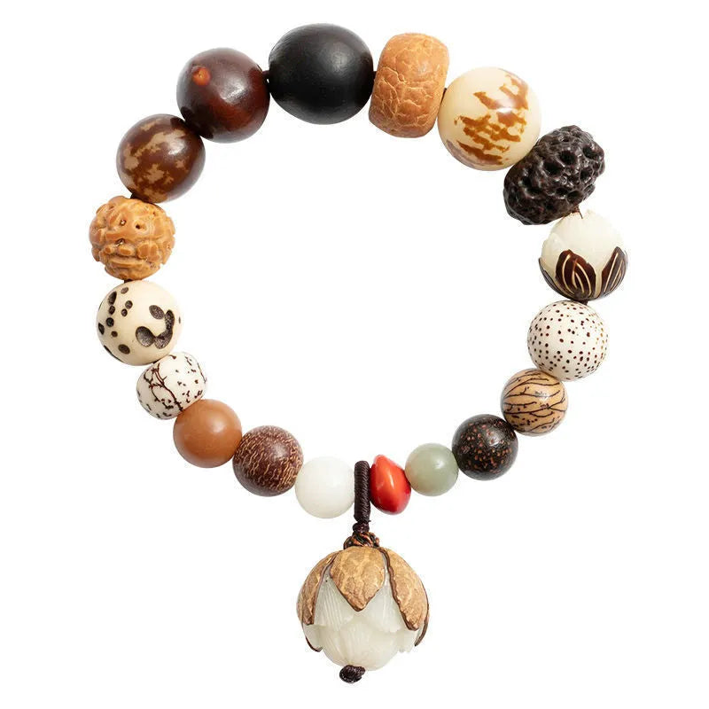 Women's 18-seed Bodhi seed bracelet with geometric pattern measuring 16cm wrist circumference