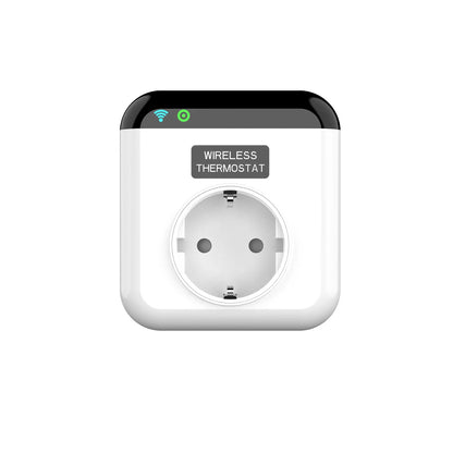 White EU smart socket with two UK outlets featuring remote and voice control