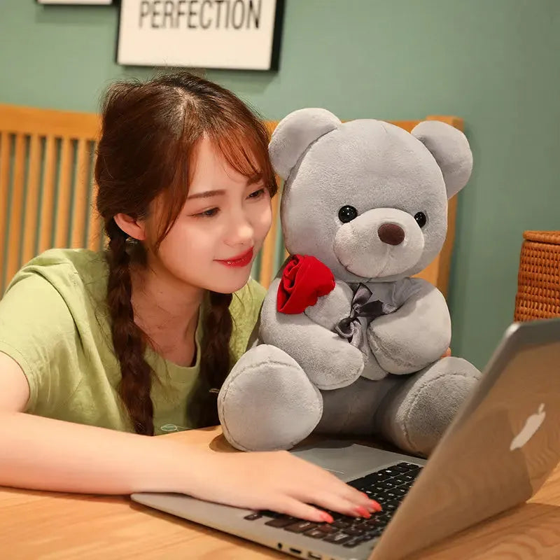 Rose bear plush stuffed animal pillow in beige, brown, or grey colours with soft short plush material