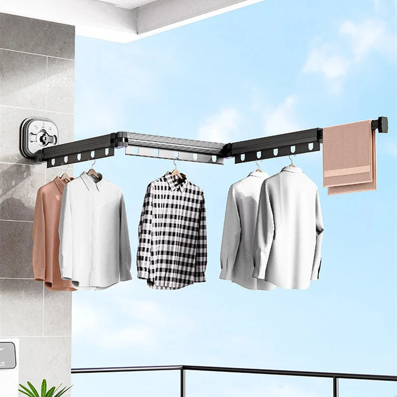 Aluminium suction cup folding clothes hanger with retractable drying rack