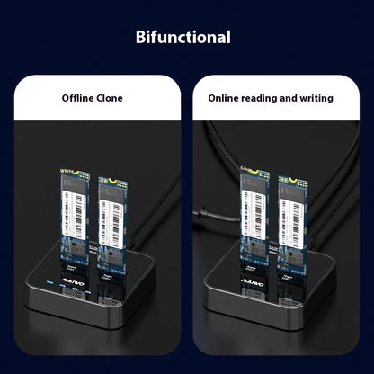 MAIWO K3016 M.2 SSD docking station with two drive bays, copy button, USB-C port, and included cables and power adapter on a desk.