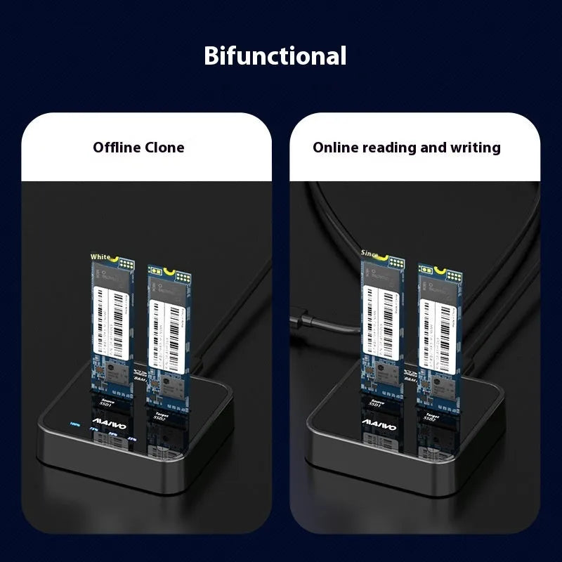 MAIWO K3016 M.2 solid state drive duplicator dock with data cables and power adapter on a desk