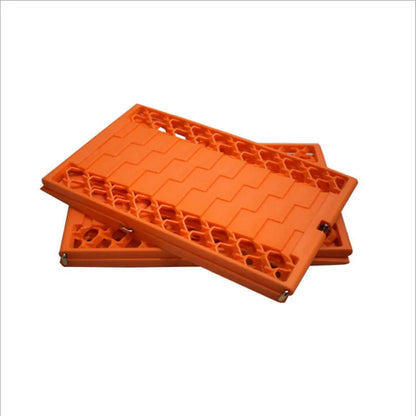 Orange folding vehicle rescue board showing folded and unfolded positions with anti slip rubber surface