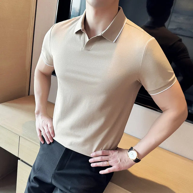 Men's solid colour short sleeve polo shirt with lapel collar on a hanger
