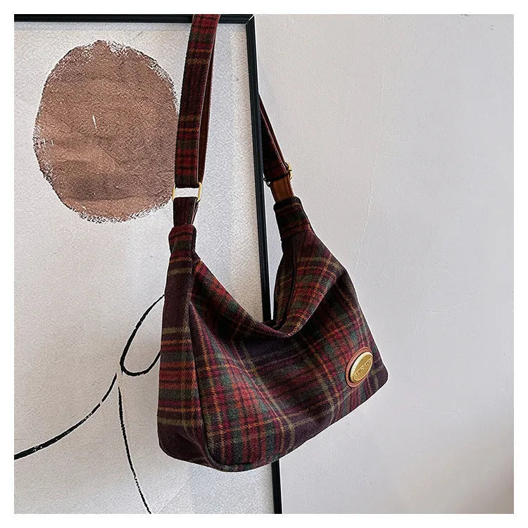 Women's large capacity woolen shoulder bag in brown with pendant attachment for autumn and winter use
