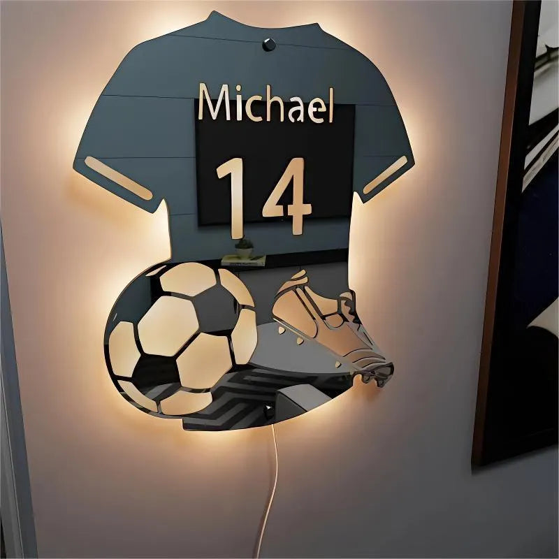 Personalised LED football jersey mirror light with acrylic shell and remote control, available in three sizes