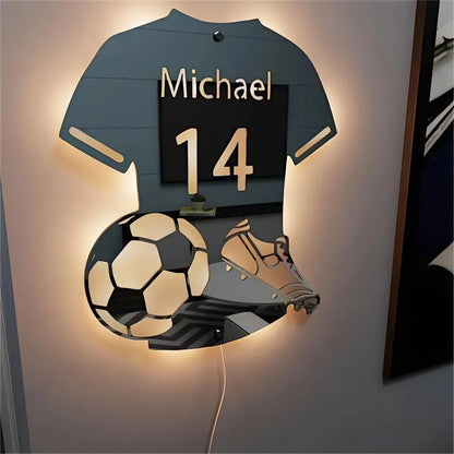 Personalised LED football jersey mirror light with acrylic shell and remote control, available in three sizes