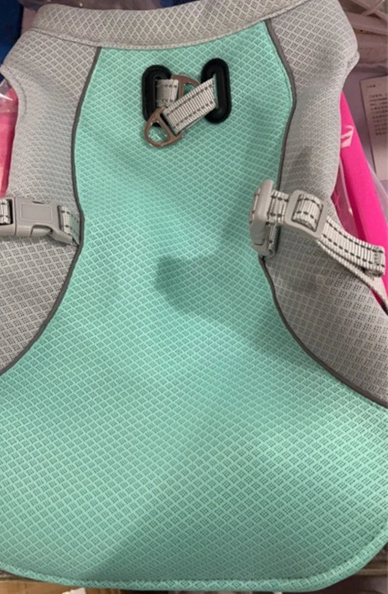 A breathable dog cooling vest with a layered design to reflect heat and facilitate evaporative cooling, available in various colors and sizes.