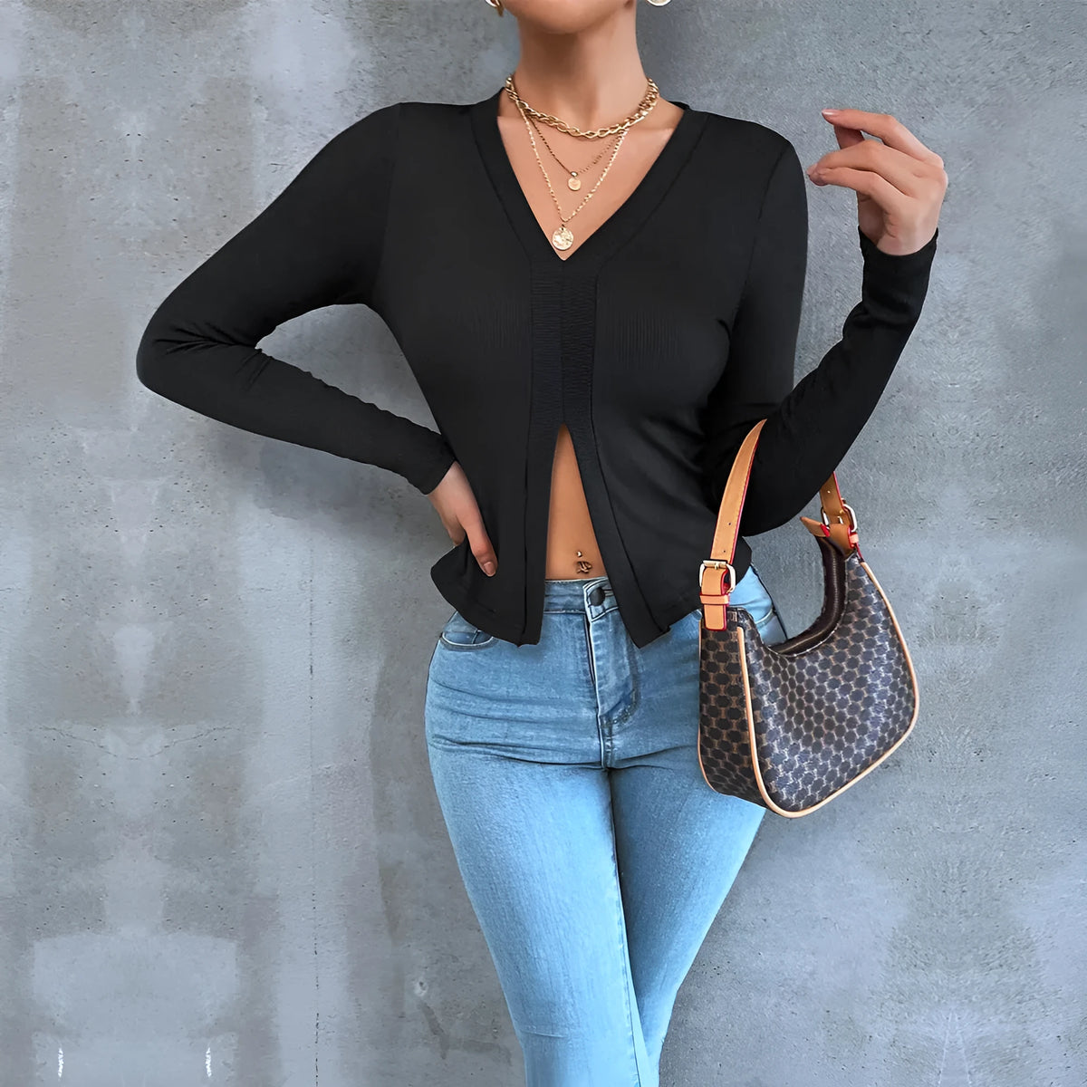 Women's black long sleeve slim fit cropped T-shirt with split neck and slit detail, polyester pullover, XS to XL
