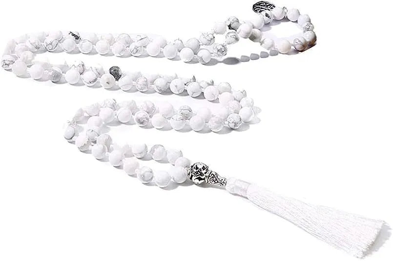 Handmade long stone beaded necklace with 108 8mm beads in a choice of 12 natural colours.