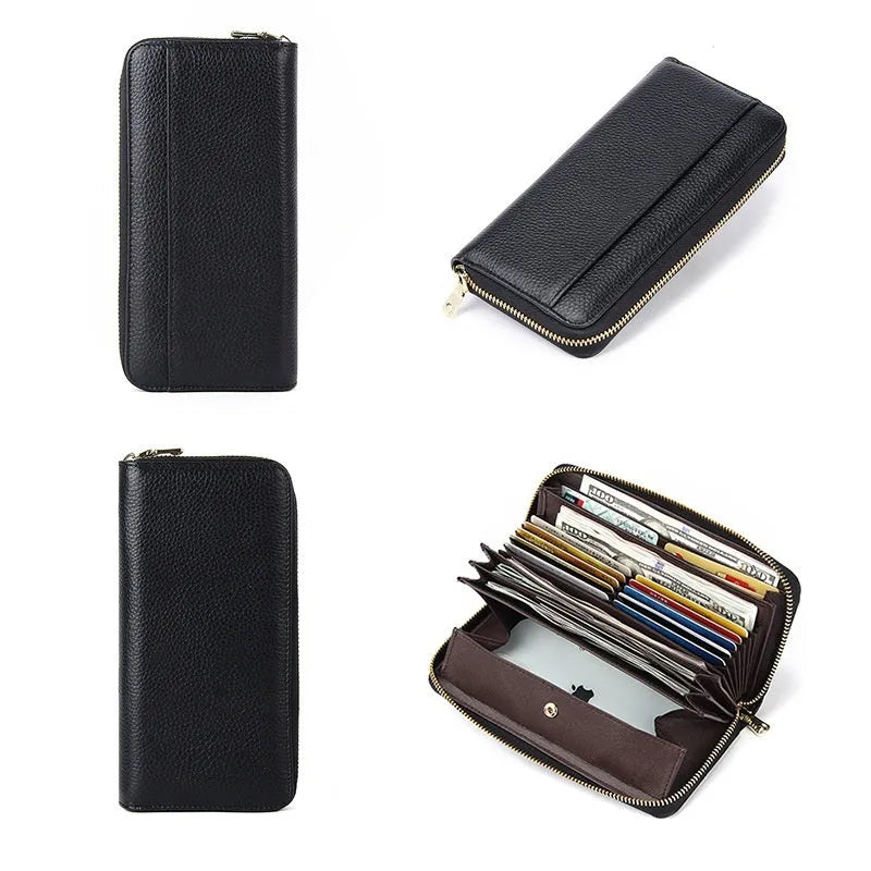 Long genuine leather women's wallet in black with anti-theft card protection and large storage capacity
