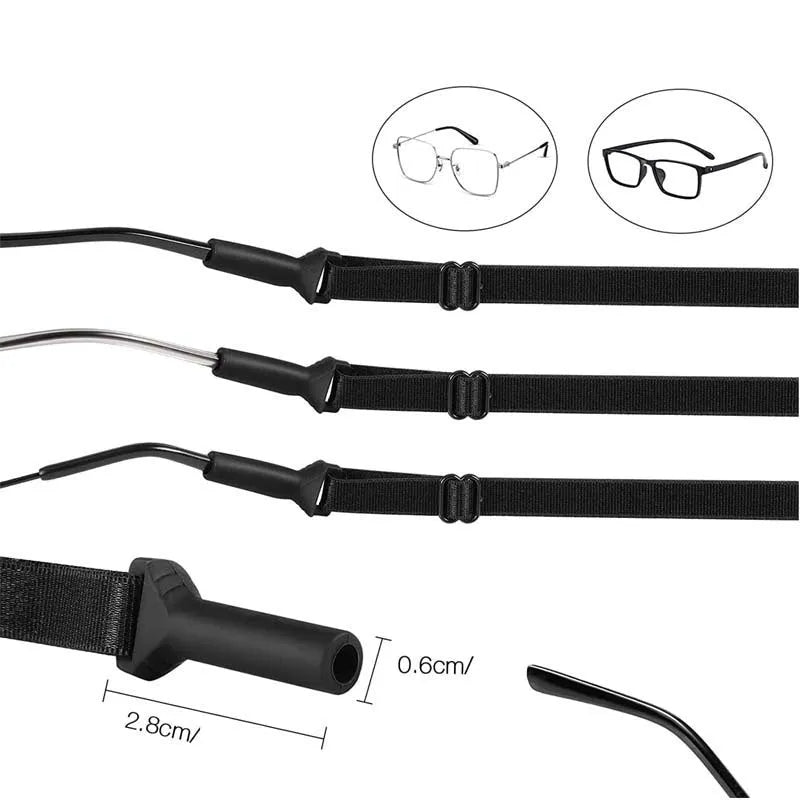 Black adjustable glasses cord with silicone earpiece hooks for adult and children's eyewear security