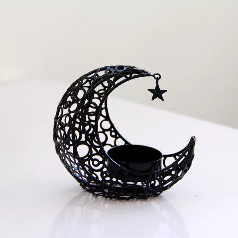 Crescent Moon Star Metal Candle Holder in black or gold, perfect for home decor