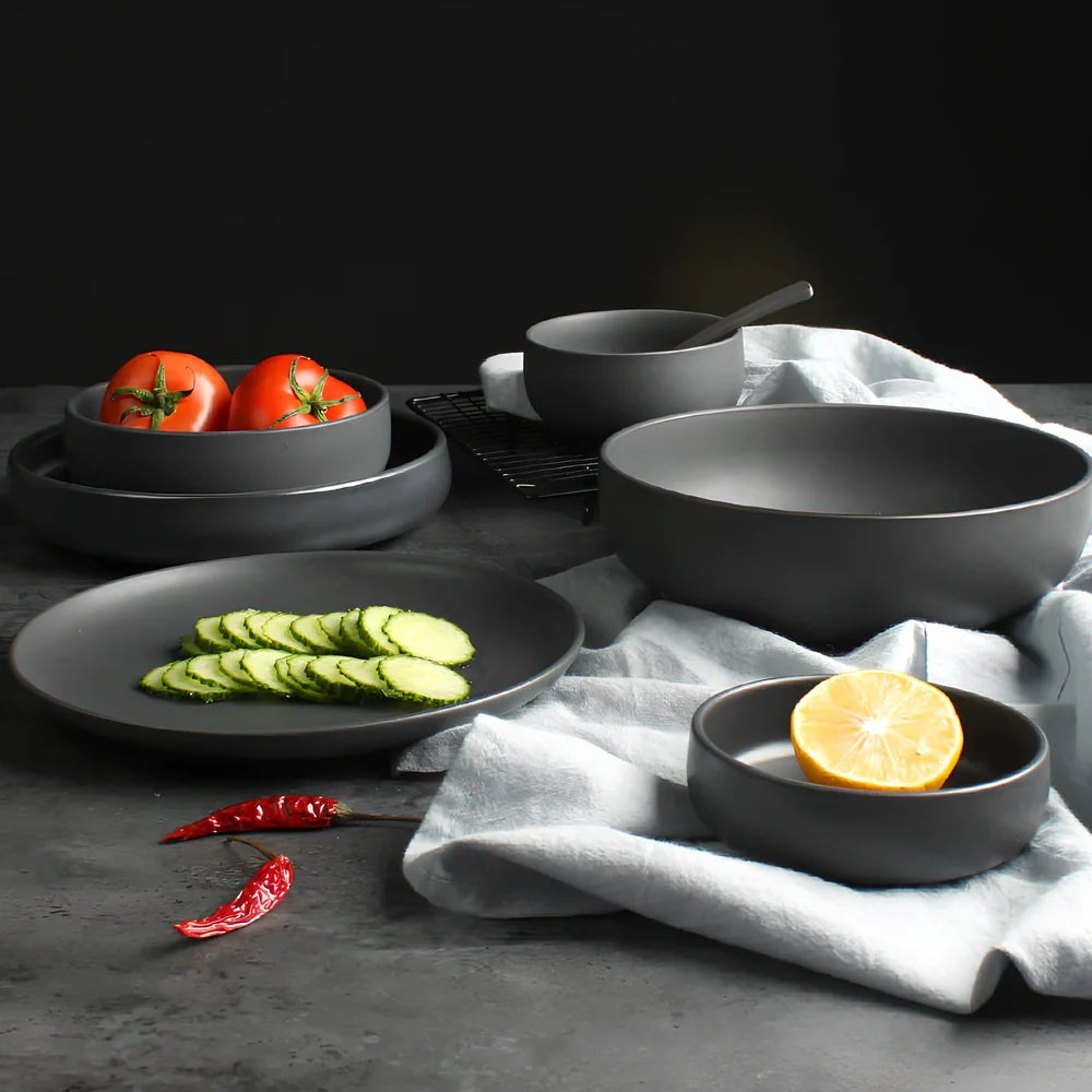 Nordic ceramic tableware set with rice bowl, noodle bowl, flat plate, and soup bowl in matt glaze finish
