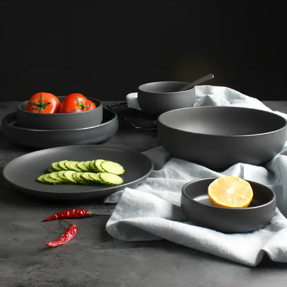 Nordic ceramic tableware set with rice bowl, noodle bowl, flat plate, and soup bowl in matt glaze finish