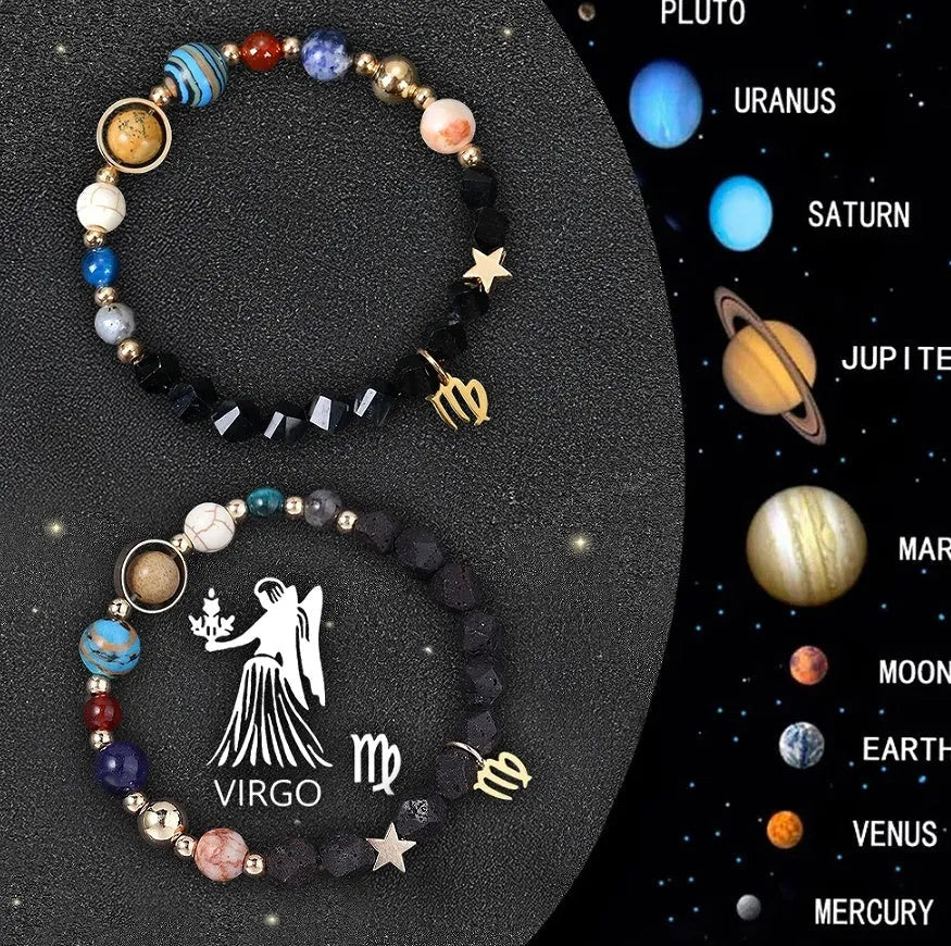 Two natural stone zodiac sign bracelets with adjustable cords showing hand-strung bead designs