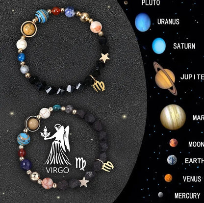 Two natural stone zodiac sign bracelets with adjustable cords showing hand-strung bead designs