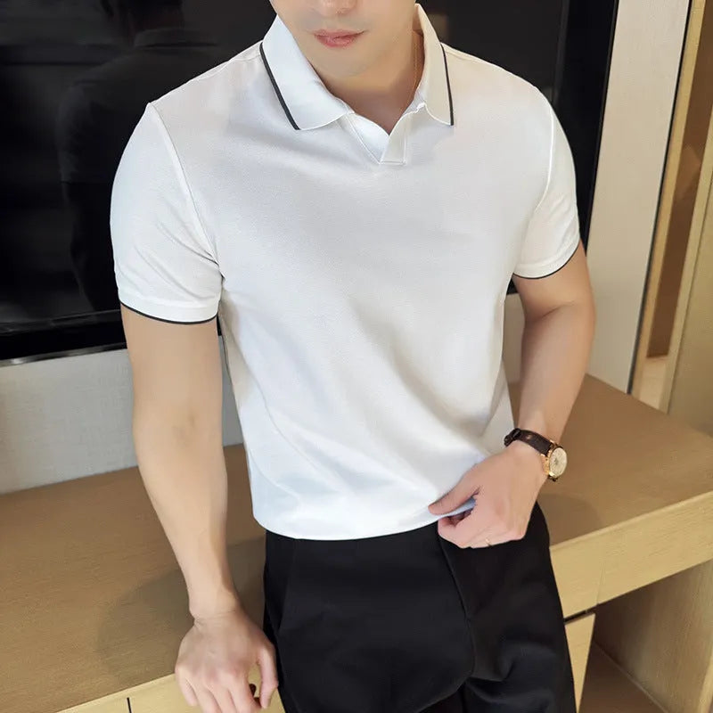 Men's solid colour short sleeve polo shirt with lapel collar on a hanger
