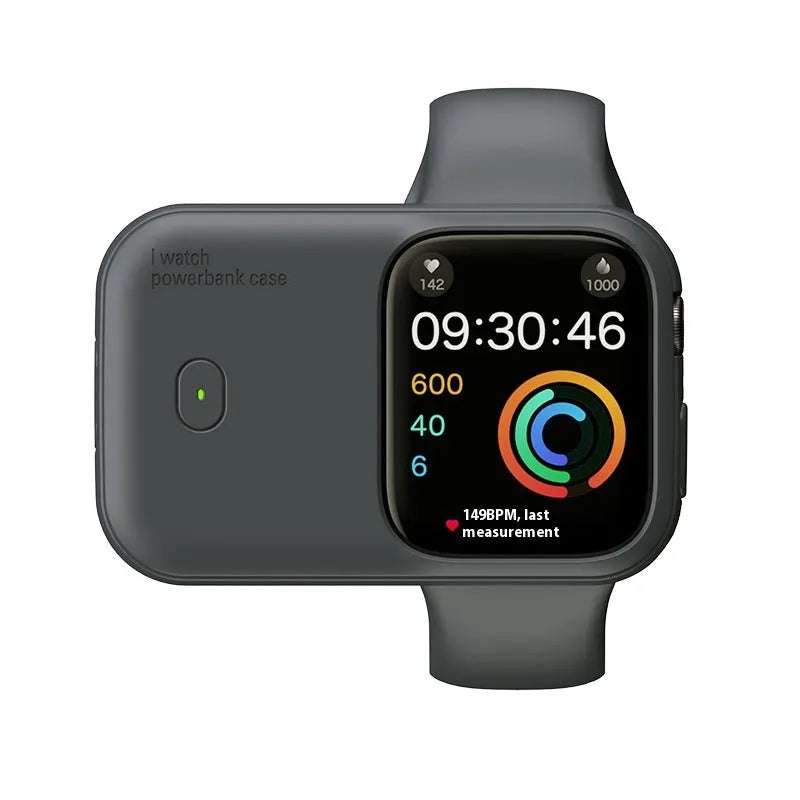 Apple Watch Ultra portable wireless power bank charging case in brown, midnight blue, or starlight.