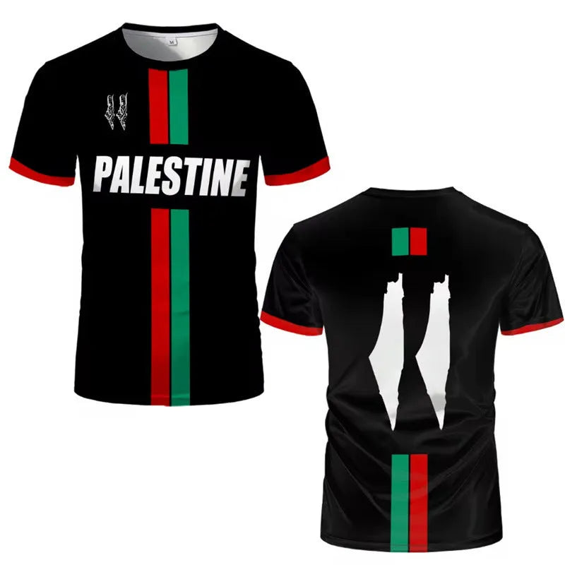 Black 3D printed football T-shirt with stereo pattern on spandex fabric, showing half-sleeve design and regular fit